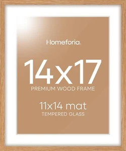 14x17 Natural Oak Wood Picture Frame with 11x14 Mat, Tempered Glass, Wall Hook - Picture 1 of 9