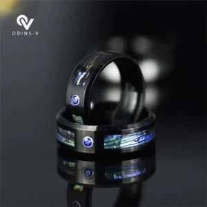 Fashion Men's Wedding Band Black Natural Stone Inlay Titanium Steel Rings New UK - Picture 1 of 7