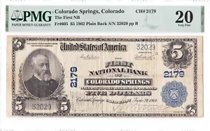 $5 1902 PB National COLORADO SPRINGS Colorado CO 🇺🇸 Very Fine! PMG 20! 🇺🇸 - Picture 1 of 2