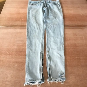 MNML Jeans Men 28x29 Blue Low Rise Raw Hem Distressed Ankle Zip Button Fly Biker - Picture 1 of 15