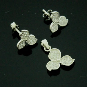Sterling Silver C/Z Micro Pave Set Earrings And Pendant+Chain - Picture 1 of 1