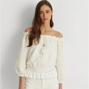 Camicetta bianca con occhielli e spalle scoperte Lauren Ralph Lauren taglia M nuova con etichette $128 - Foto 1 di 11