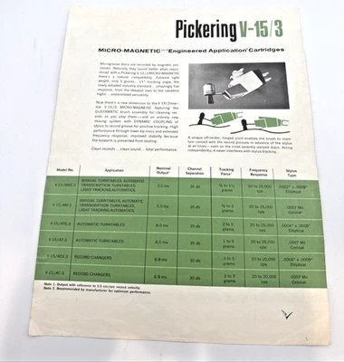 Vintage Pickering V-15 Cartucho Fono Micro-Magnético Styli Dealer Folha de Especificações - Imagem 1 de 2