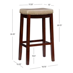 Linon Claridge Backless Bar Stool Beige Faux Leather Wood Frame in Brown Finish - Picture 1 of 16