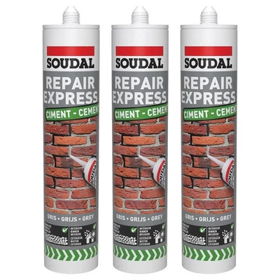 3x Soudal Repair Express Cartuccia Riempitiva Crepe Mortaio Cemento GRIGIO, 290ml