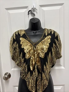 Vintage Black And Gold Sequin Butterfly Silk Top - Picture 1 of 4