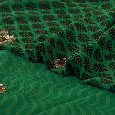 Sánskriti Vintage Sari Verde Georgette Mano Cuentas Lentejuelas 5+Yd Sari Suministro Artesanal Foto 1 de 4