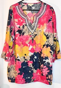 Charter Club 100% Linen Artsy Beaded Tunic Blouse XL Long Sleeves - Picture 1 of 6