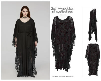 Punk Rave Women Black Gothic Lace Bat Silhouette Loose Plus Size Long Dress - Image 1 of 4