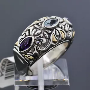 Bali Design Schmuck 925 Sterlingsilber 18K Gelbgold Amethyst Blau Topas Ring - Bild 1 von 3