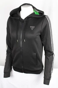 Guess Jeans Women's Hoodie Eco Veda Tricot Full Zip Track Jacket Black Silver - Picture 1 of 5