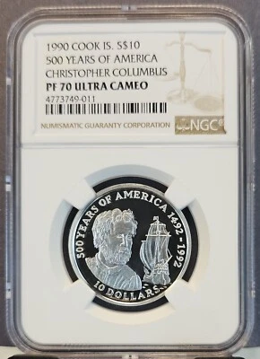1990 COOK ISLANDS SILVER 10 DOLLARS CHRISTOPHER COLOMBUS NGC PF 70 ULTRA CAMEO - Image 1 of 3