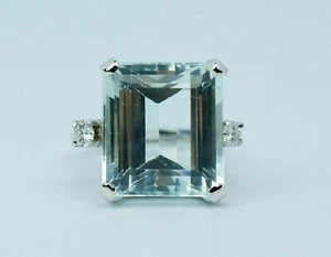 Natürlicher Smaragd Schliff Aquamarin Runde Diamanten 3 Stein Ring 14k Weiß Gold - Bild 1 von 6