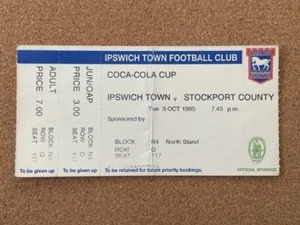 1995/96 IPSWICH TOWN V STOCKPORT COUNTY 03-10-1995 BOLETO DE PARTIDO DE COPA DE LIGA - Imagen 1 de 1