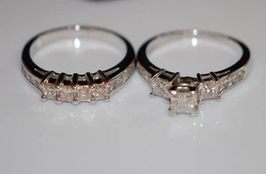 Bridal Ring Set of Princess Diamonds in 14K White Gold Size 6.5 - Picture 1 of 11