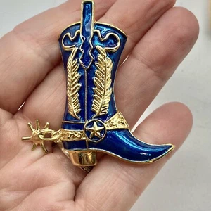 Vintage Brosche Anstecknadel Cowgirl Country Stiefelsporn Emaille blau goldfarben - Bild 1 von 6