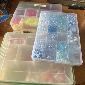 Lot Of 3 Boxes Of Beads. Mixed Blue, Dice, Faux Pearls, Diamond Shape - Picture 1 of 13