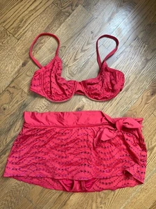 La Blanca Two-Piece Bikini Swimsuit Sz 14 Women's Swimwear Red Eyelet Skirt - Imagen 1 de 12