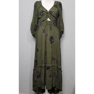 Abito hi-lo Angie incrociato davanti manica a sbuffo tg M verde oliva nero floreale boho nuovo - Foto 1 di 9