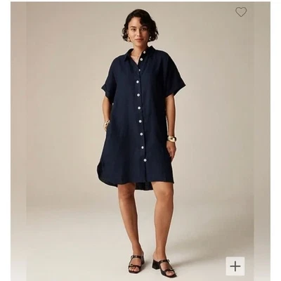 Vestido camisa manga curta J Crew azul marinho linho botão frontal tamanho XXL - Imagem 1 de 4