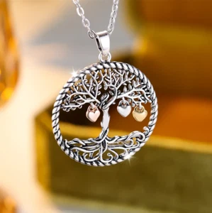 Elegante versilberte Halskette Lebensbaum Mutter Herz Anhänger (50 cm) - Bild 1 von 4