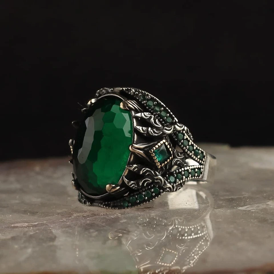 Мужское серебряное кольцо с изумрудным камнем, кольцо с изумрудом и драгоценным камнем 925 пробы - Изображение 1 из 3
