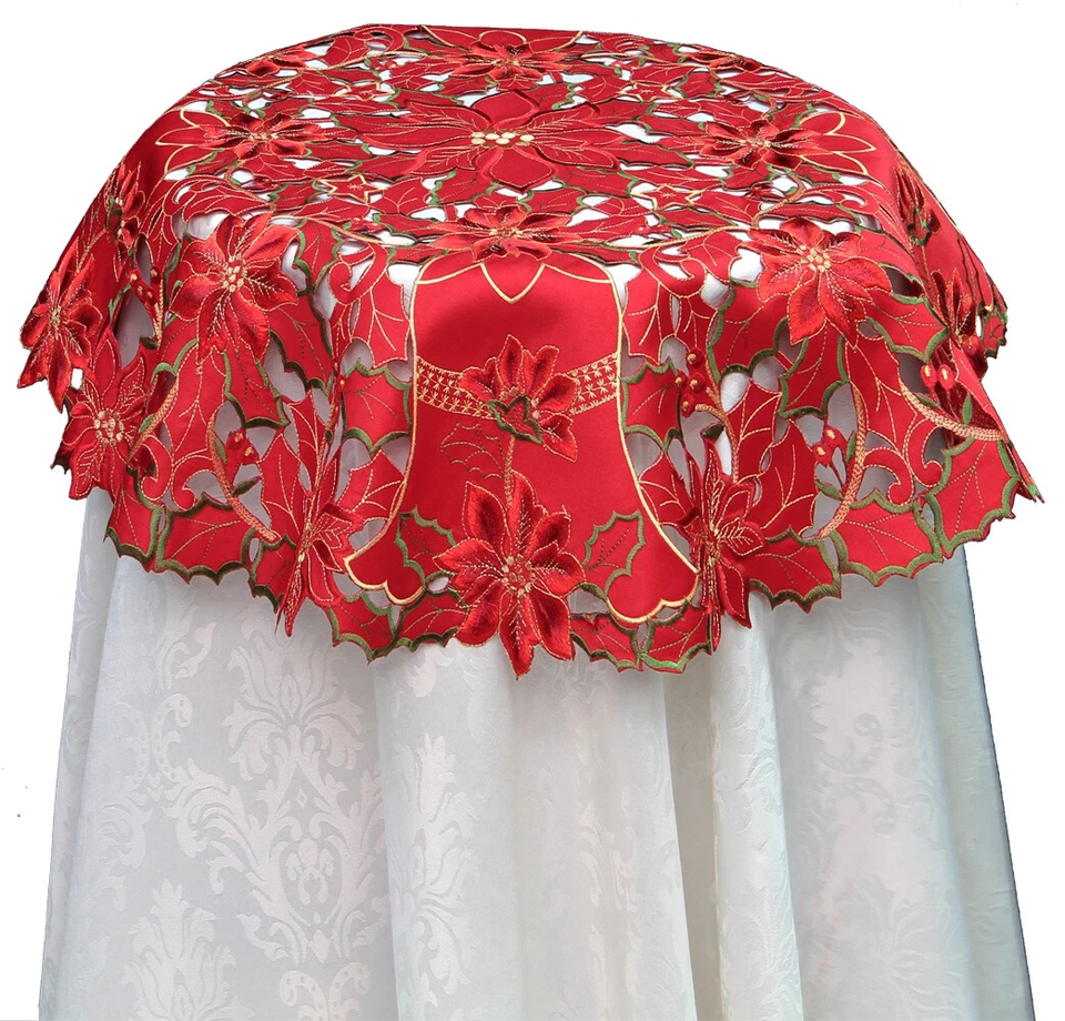 Creative Linens Christmas Poinsettia Bell Tablecloth Holiday Topper Red Round SQ - Image 1 of 2