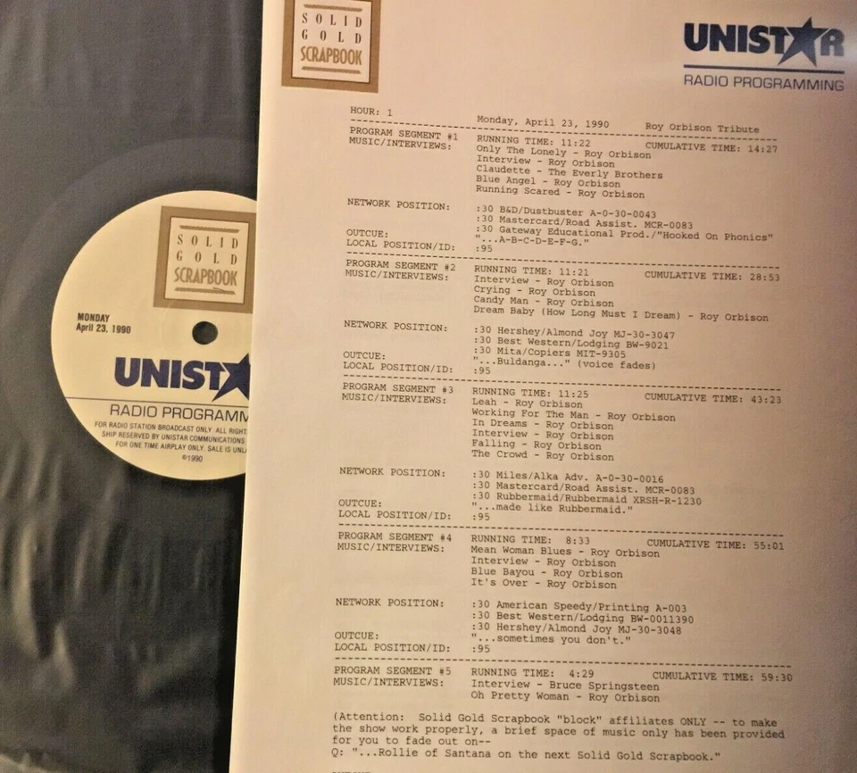 RADIO SHOW 4/23/90 ROY ORBISON TRIBUTE w/5 INTERVIEWS & 16 ROY ORBISON HITS - Image 1 of 1