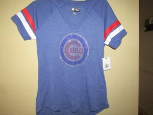 GENUINE MERCHANDISE Chicago Cubs Ladies Size M Red & Blue Rhinestone CUBS Shirt - Picture 1 of 7