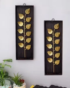 Set of 2 Vertical Golden Leaf Metal Wall Art on Wooden Base | Rustic Decorative - Picture 1 of 4