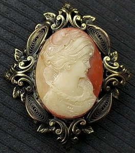 Vintage Shell Carved Large Cameo Brooch Pendant Antique Filigree Gold Tone - Picture 1 of 7