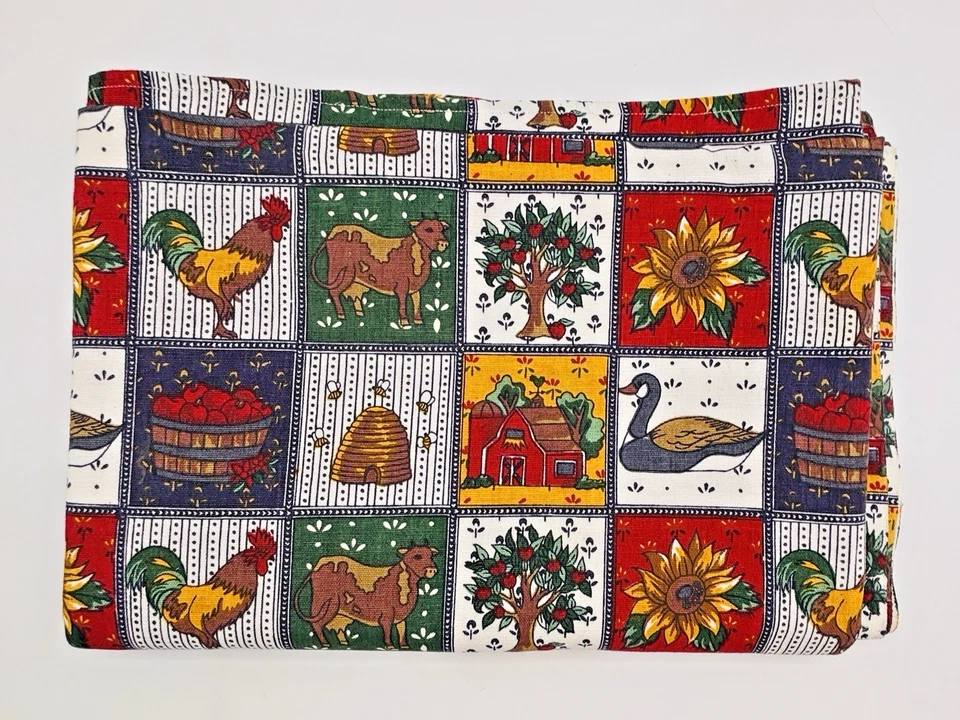 Vintage JOAN KESSLER Fall Countrycore Squares Farm Fabric Tablecloth 76" x 58" - Image 1 of 4