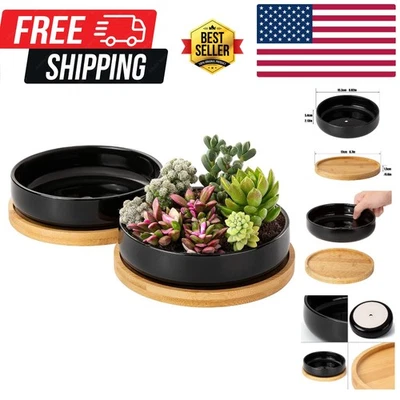 Juego de macetas compactas de cerámica para interiores con bandejas de goteo: 2 elegantes macetas negras Foto 1 de 4