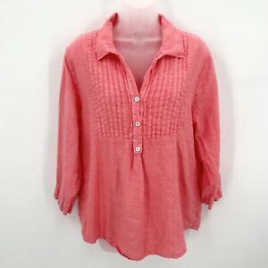 Hot Cotton Linen Blouse S Womens Pink Pintuck Pullover Top 3/4 Sleeve Collar