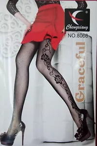 Fishnet Pantyhose Tights Hosery Sheer Black Floral Vine One Side Dancewear - Picture 1 of 1