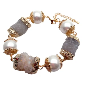 Natural White Quartz Druzy Stone White Sea Shell Pearl Bracelet 8" Women Gift - Picture 1 of 6