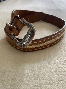 TONY LAMA Badlands #79606 LEATHER Size 32 BELT Cowboy WESTERN Aztec 1994 Buckle - Picture 1 of 8