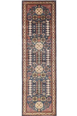 10 ft Hallway Tribal Blue Runner Rug Afghan Hand Knotted 100% Wool Bedroom Rug - Image 1 of 4