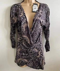 Vero Moda Top Size M Grey Purple Mix Floral V-Neck Sleeved Blouse Women - Picture 1 of 9