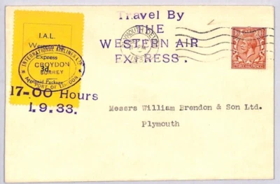GB AIR MAIL FIRST FLIGHT Cover WESTERN AIR EXPRESS *IAL*Stamp 1933 Plymouth ZE22 - Image 1 of 4