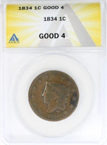 1834 1c Coronet Head Large Cent Good 4 ANACS Cover
