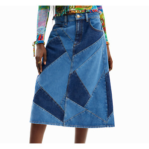  Desigual Women's Blue María Escoté Patchwork Denim Skirt M Mid Length