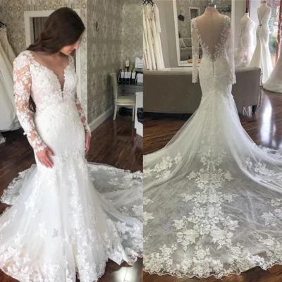 Elegant Mermaid Wedding Dresses V Neck Applique Backless Buttons Bridal Gownss - Image 1 of 4