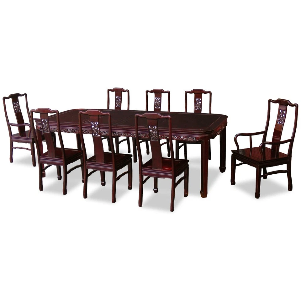 Vendedor de EE. UU. - Juego de comedor rectangular con motivo de dragón chino de palo de rosa cerezo oscuro - con Foto 1 de 1