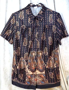 Women's Vintage Top Black & Bronze Paisley Silk Button-Up Shirt Size 36 Pockets - Picture 1 of 6