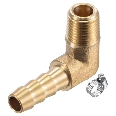 1 Set 1/4" x 1/8NPT Male Thread Brass Hose Barb Fitting Elbow with Hose Clamp - Image 1 of 4