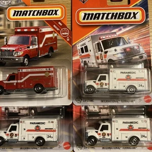 MATCHBOX 2025 #24 WHITE & 2019 #41 RED INTERNATIONAL TERRASTAR AMBULANCE 4 Pcs - Picture 1 of 9