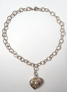 VINTAGE STERLING SILVER NECKLACE CHOKER HEART PENTAND CHAIN 18" X 9.4MM & 32gr. - Picture 1 of 7
