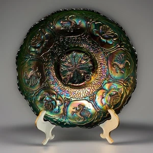 Atq Fenton Green Carnival Glass Dragon & Lotus Bowl-8.5”-Rare-EUC - Picture 1 of 11