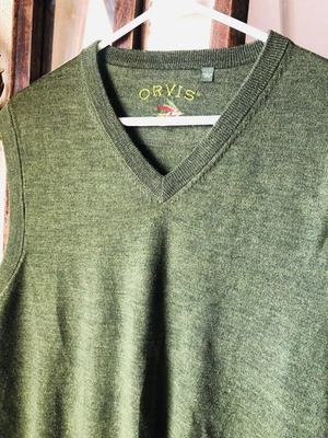 Orvis Men’s Large Wool Sweater Vest Green V-neck - Image 1 of 4